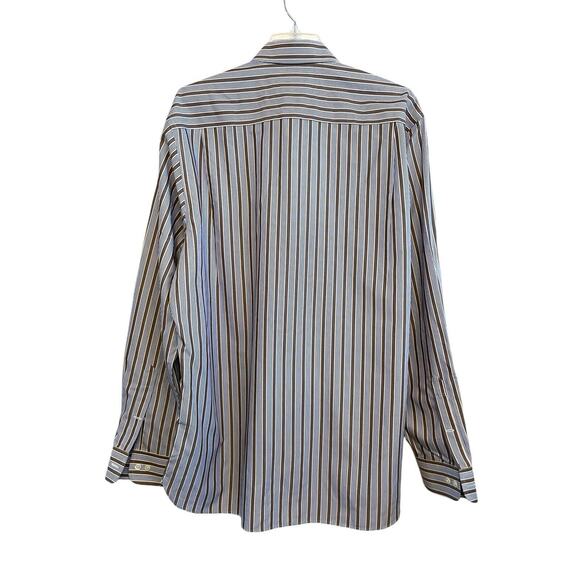 Paul Fredrick Button Up Shirt Men Size Large Tall‎ Brown Blue Stripe 100% Cotton - Picture 2 of 6